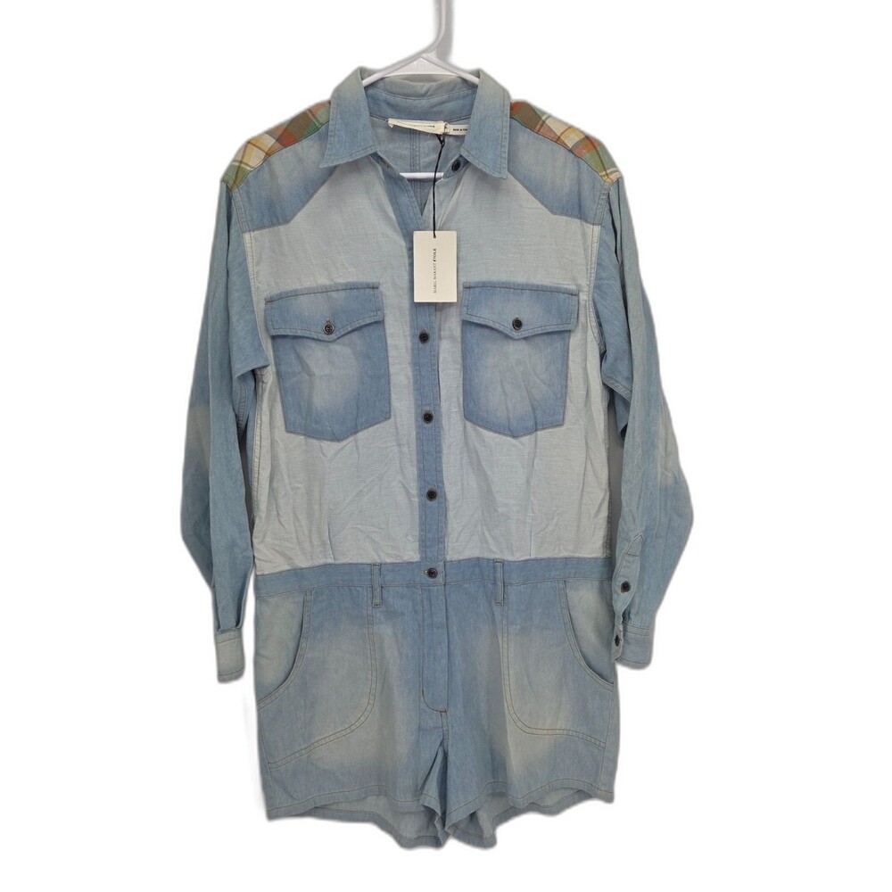New Isabel Marant Etoile Utility Western Denim Romper Plaid Women's EU 38 US 6